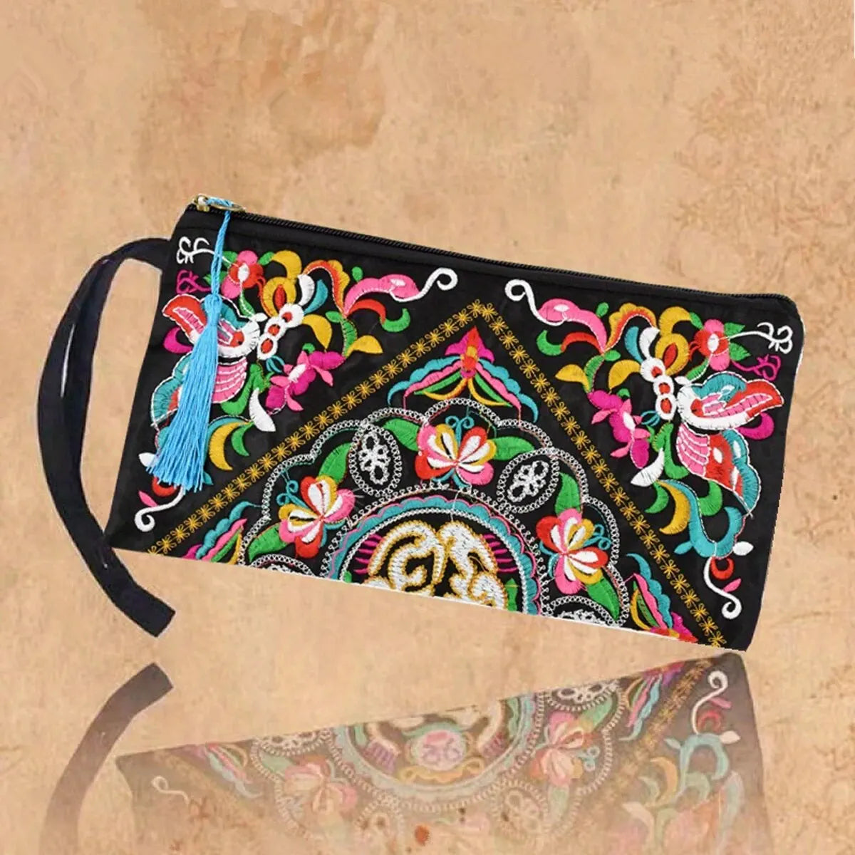 Ethnic Floral Embroidery Square Wallet with Wristlet Clutch Evening Bag - Perfect for Organizing Your Cell Phone and Essentials