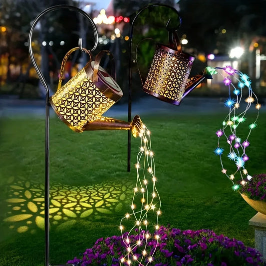 Metal Lantern Solar Watering Can Light Outdoor Solar Waterfall Lights Waterproof Hanging Light Garden Decor Fairy Art Decorative