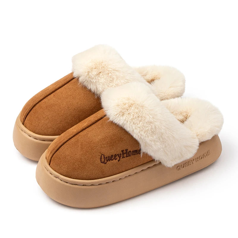 Queeyhome Winter Women Flat-Bottomed Plush Commute Solid Color Versatile Cotton Slippers Warm Cozy Indoor-Outdoor Man Shoes