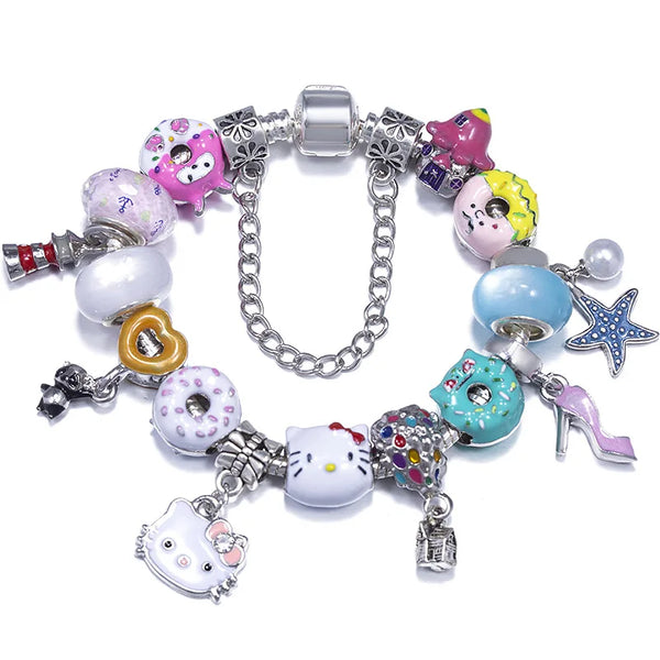 New Trendy Cartoon Anime Charm Beads Pendant With Snake Chain Fashion Bracelet For Women Children Girlfriend Jewelry Gift