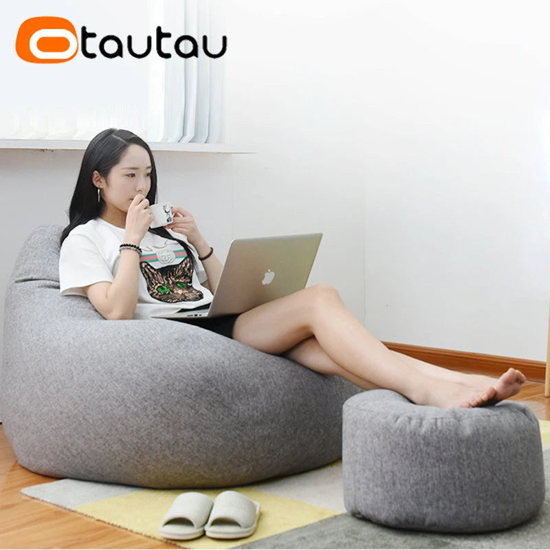 OTAUTAU Round Stool D30cm*H20cm Linen Bean Bag Ottoman with Filling Beanbag Pouf Footstool Tatami Futon Puff JD001