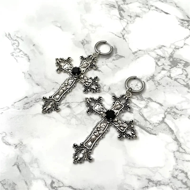 Gothic Large Silver Colour Tone Jewel Cross Earrings with Black Punk Hallowmas Jewellery Gorgeous Wedding Statement Women