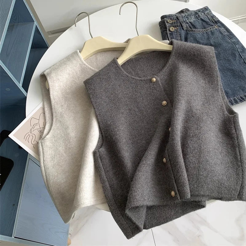 Fashion Office Lady Elegant Tops Spring Autumn Women's Solid Button V-Neck Sleeveless Casual Sweater Knitted Cardigan Vest Coats