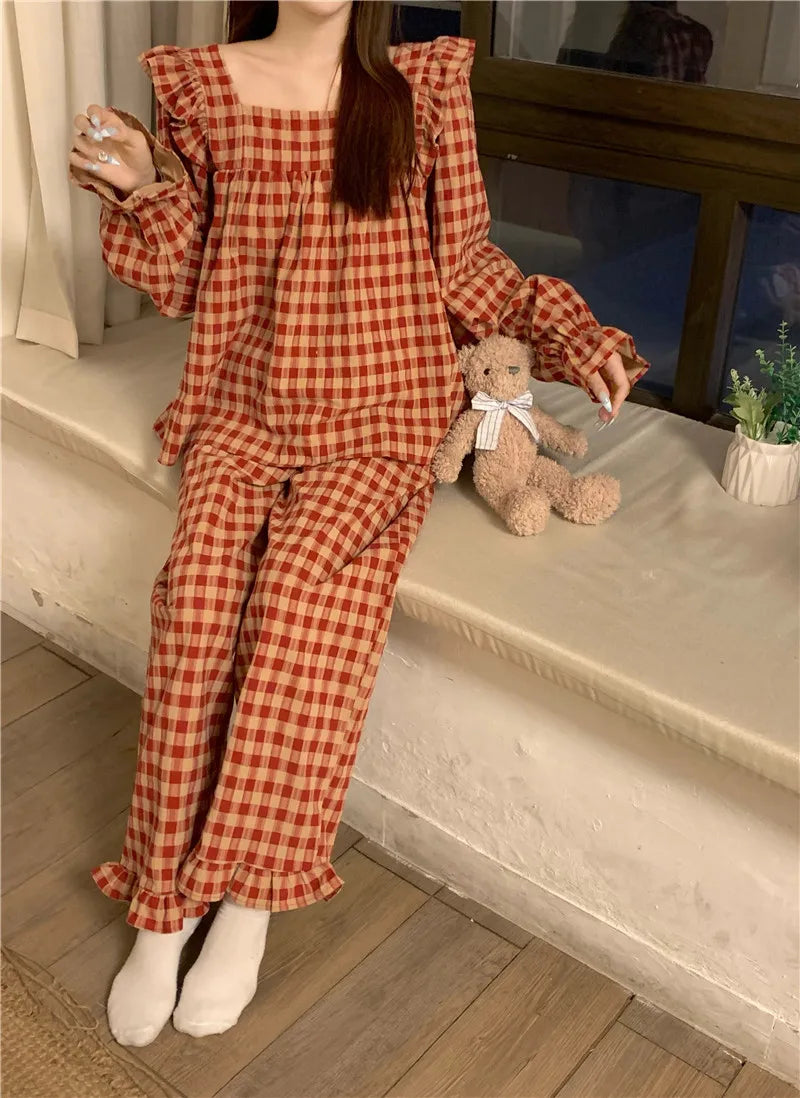 Red Plaid Cotton Pajamas Set Women Square Collar Shirts + Trousers Casual Loose Vintage Korean Sleepwear Night Wear Autumn Cute