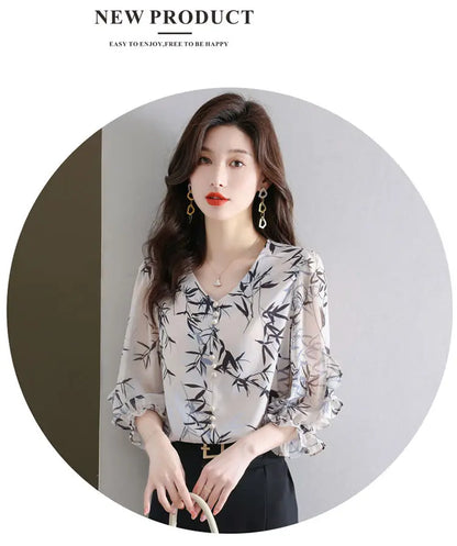 Summer Elegant Fashion Printed 3/4 Sleeve Shirt Women's Clothing Commute Loose Beading Spliced V-Neck Chiffon Blouse for Female