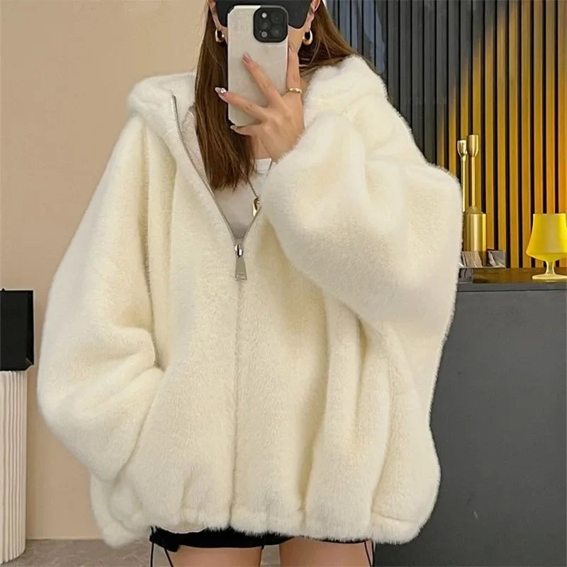 Faux Fur Coat Women Casual Hoodie Loose Fluffy Thicken Warm Jacket Female Winter Fashion Solid Zipper Warm Outwears Lady