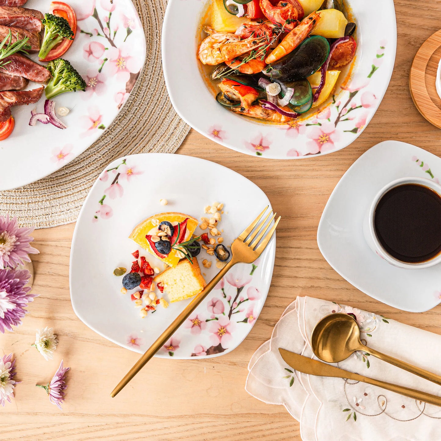 VEWEET ANNIE 60-Piece White Ceramic Pink Floral Porcelain Plate Set with Dinner Soup Dessert Plate ,Cups Saucers for 12 Person