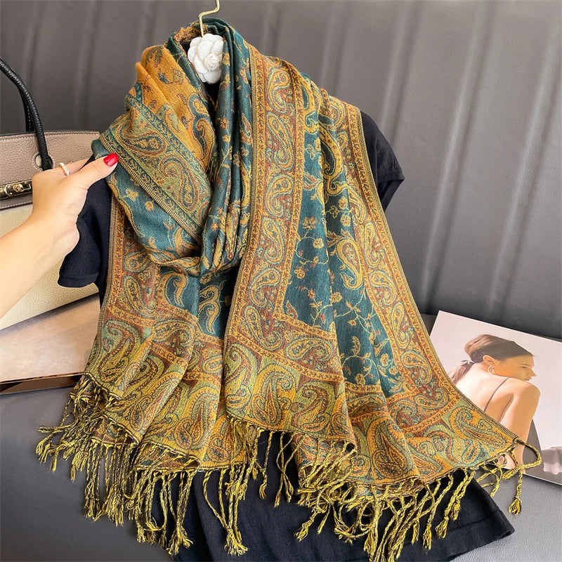 Autumn Stylish Jacquard Tassel Scarf Vintage Mature Paisley Print Shawl Going Out Warm Windproof Blanket Scarf