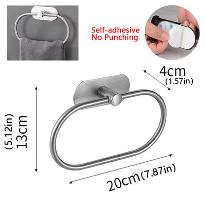 Stainless Steel Towel Holder Self-adhesive Bathroom Towels Rack Black Washhand Hanger Ring Rail Bar Kitchen Storage Accessories