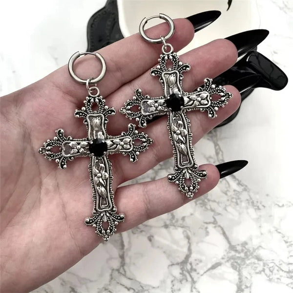 Gothic Large Silver Colour Tone Jewel Cross Earrings with Black Punk Hallowmas Jewellery Gorgeous Wedding Statement Women