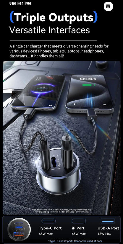 Essager iP Port Car Charger USB Type C PD QC 3.0 PPS 45W Fast Charging for iPhone 15 MacBook Samsung Xiaomi Mobile Phone Charger