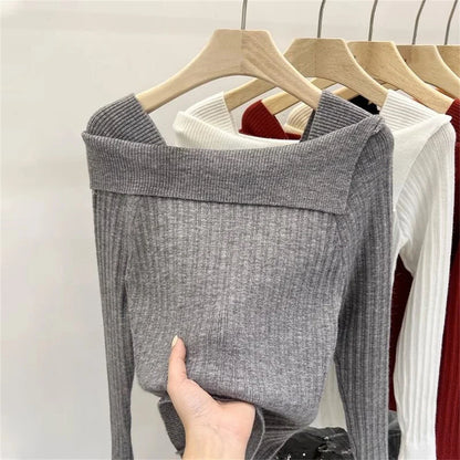 Women's Slim Sweater Pullover Tops Off-Shoulder Knit Basic Spring Autumn New Style Sweater Korean Fashion Winter Clothes Women