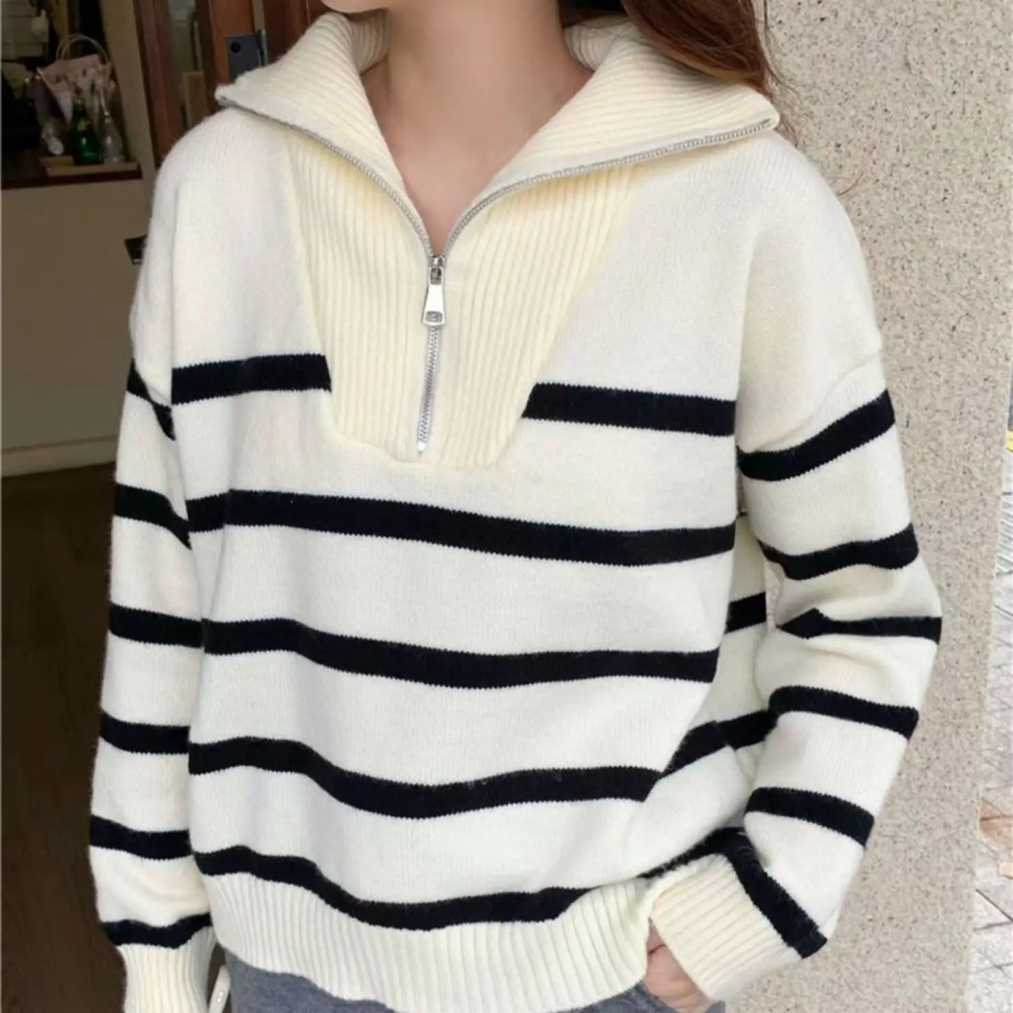 Sweater pullover women Spring and Autumn underwear New zipper stripe underlay short style popular premium sweater female