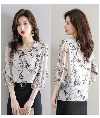 Summer Elegant Fashion Printed 3/4 Sleeve Shirt Women's Clothing Commute Loose Beading Spliced V-Neck Chiffon Blouse for Female