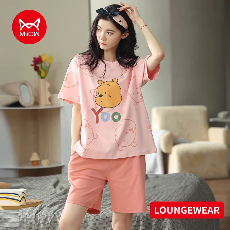 MIIOW Cotton Sleepwear Woman 2 Pieces Set Cute Cartoon Print Women's Pajamas Home Comfort Short Sleeve and Shorts Night Wears