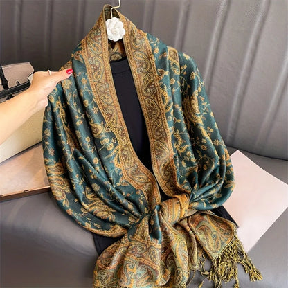 Autumn Stylish Jacquard Tassel Scarf Vintage Mature Paisley Print Shawl Going Out Warm Windproof Blanket Scarf