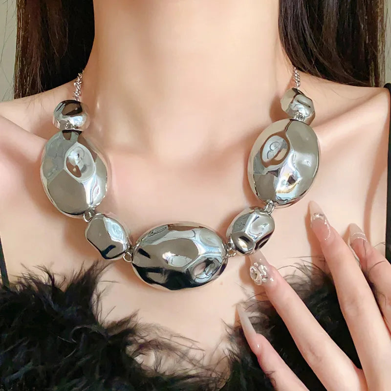 NISHIZAWA Oval Irregular Geometric Necklace Unique Metal Clavicle Chain Splicing Fashionable Personality Necklace