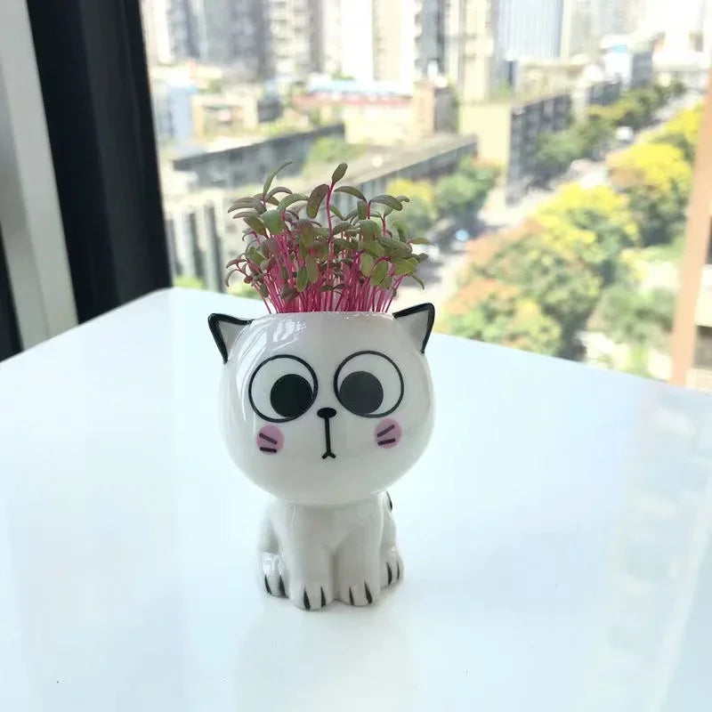 1pc Ceramic Flowerpot Mini Cat Cartoon Cute Plant Desktop Potted Plant Pot DIY Decorate Toys Science Education School Gifts