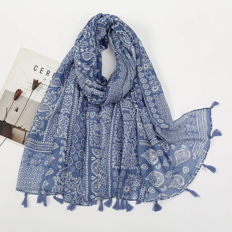 Luxury Brand Viscose Scarf for Women Floral Tassel Shawl Printed Wrap Pashminas Stole Muslim Woman Hijab Travel Beach Stoles