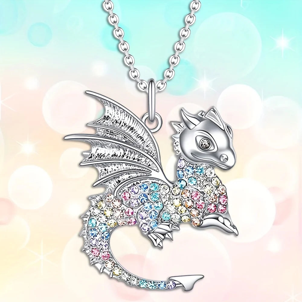 Exquisite Fashion Dragon Pendant Necklace Domineering Animal Necklace Inlaid with Colorful Rhinestones Perfect Gift for Girls