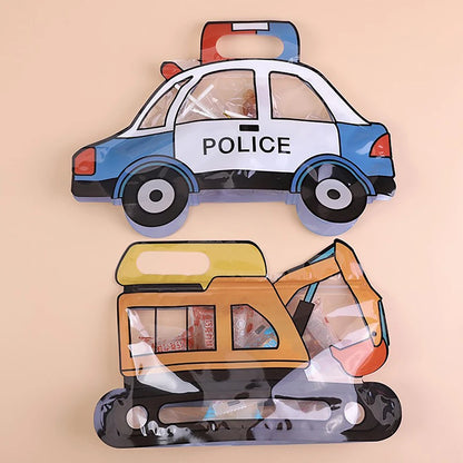 10Pcs Construction Truck Bulldozer Excavator Police Car Fire Engine Shape Candy Cookie Bags Kid Birthday Party Gift Zipper Bags