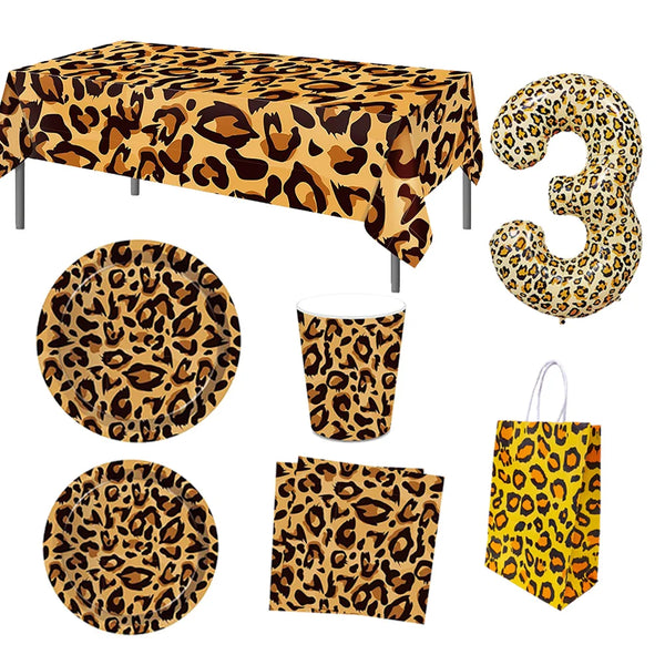 Jungle Leopard Print Paper Bag Disposable Tableware Digital Balloon Animal Theme Birthday Party Decoration Supplies Gift