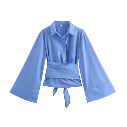 TRZA-Women's Long Sleeve Kimono Blouses With Bow Tie, Front Button, Female Shirts, Chic Tops, Fashion