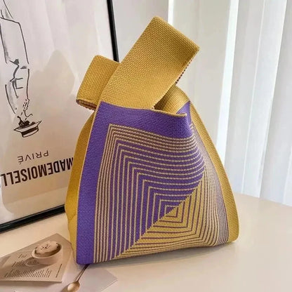 Handmade Knit Handbag Women Mini Knot Wrist-bag Female Casual Color Wide Stripe Plaid Tote Bag Student Reusable Shopping Bag