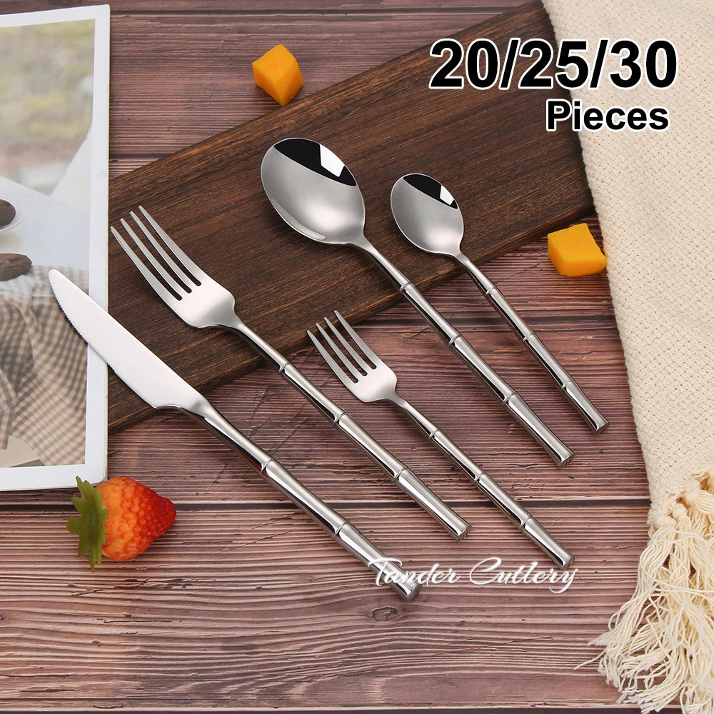 10/15/20/25/30pcs Sliver Dinner Set Stainless Steel Western Tableware Mirror Cutlery Bamboo Style Spoon Fork Kitchen Utensils