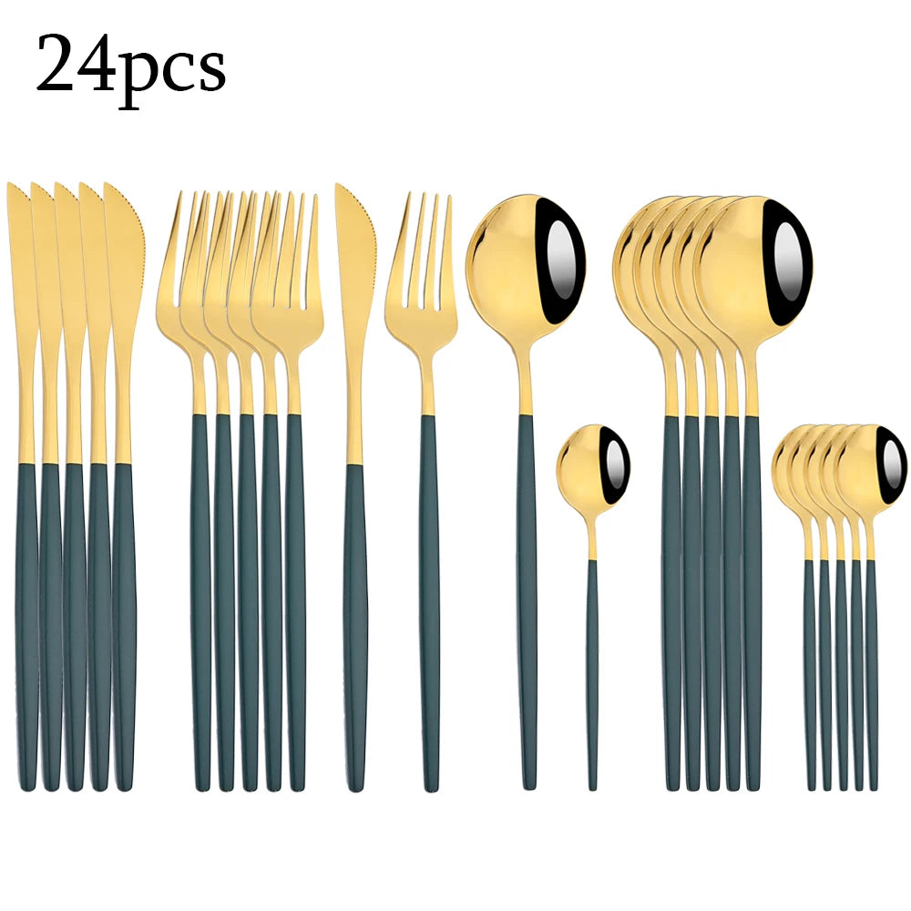 Zoseil Cutlery Set in Red and Gold Stainless Steel 24 Pcs Dinnerware Set in Flatware Kitchen Dinner Mmirror Stainless Steel