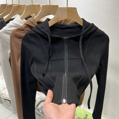 Zipper Hoodes Sweatshirt Korean Women Thin Skinny Casual Sporty Cropped Tops Basic Simple Tennis Jazz Dance Sexy Cardigan