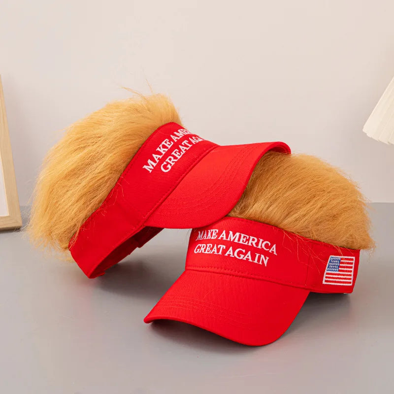 Make America Great Again 2024 Election Yellow Hair Wig Cap Trump Hip Hop Baseball Fashion Funny Embroidered Hat with Wide Brim