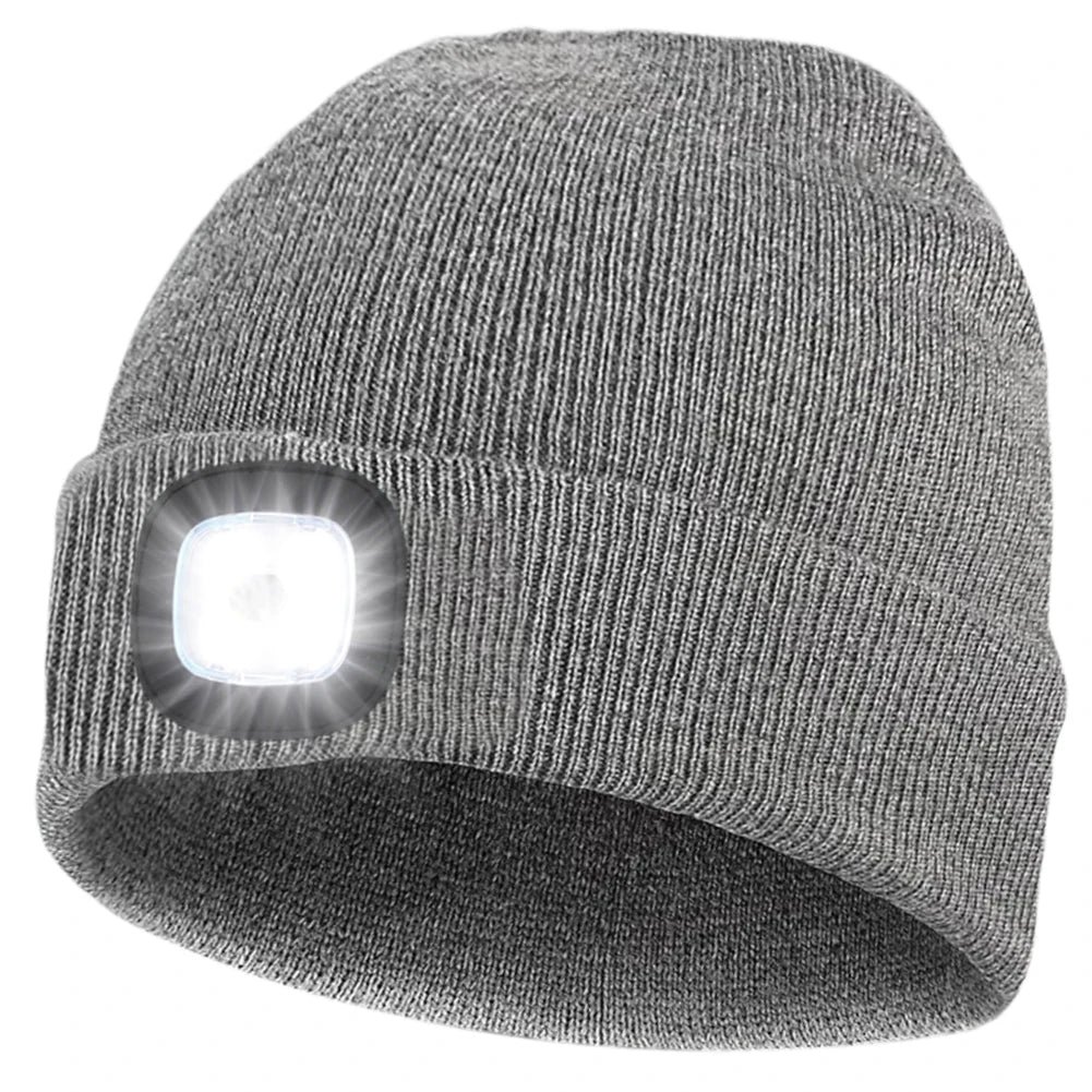 Unisex 4 LED Beanie Hat Hands Free Headlamp Cap for Men and Women Winter Knit Lighted Headlight Hats Portable Headlamp Torch