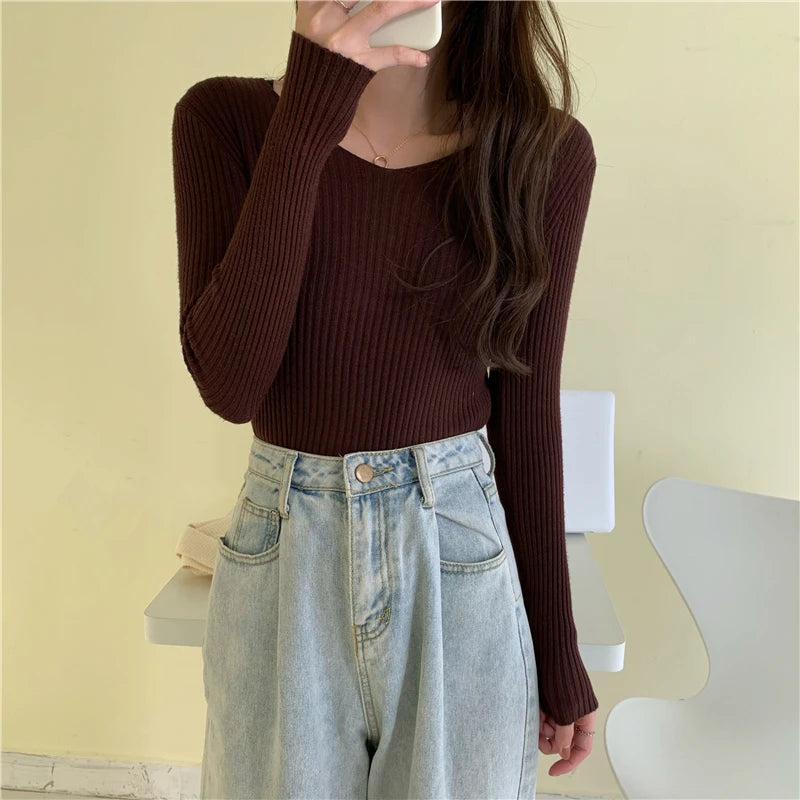 2025 Autumn Winter Women Sweaters Casual Long Sleeve Knitted Pullover Sweater Femme Basic Solid Jersey Tops Fashion Clothes