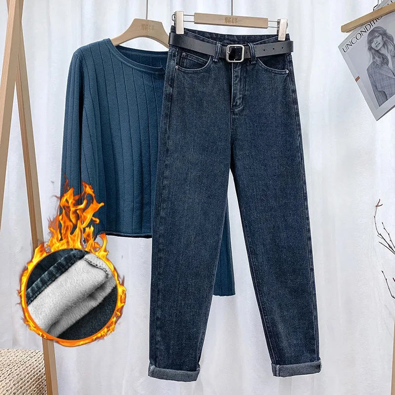 Fleece Thick Warm Straight Leg Jeans, Women's New Autumn and Winter Fashion Loose High-waisted Harlan Jeans, Casual Daddy Pants