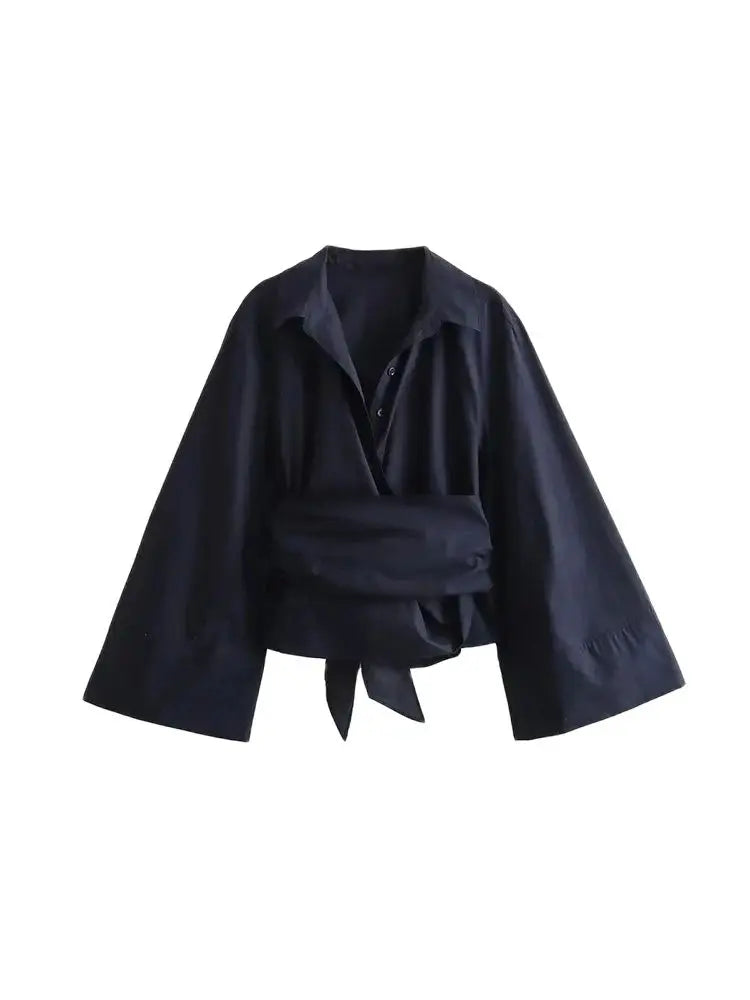 TRZA-Women's Long Sleeve Kimono Blouses With Bow Tie, Front Button, Female Shirts, Chic Tops, Fashion