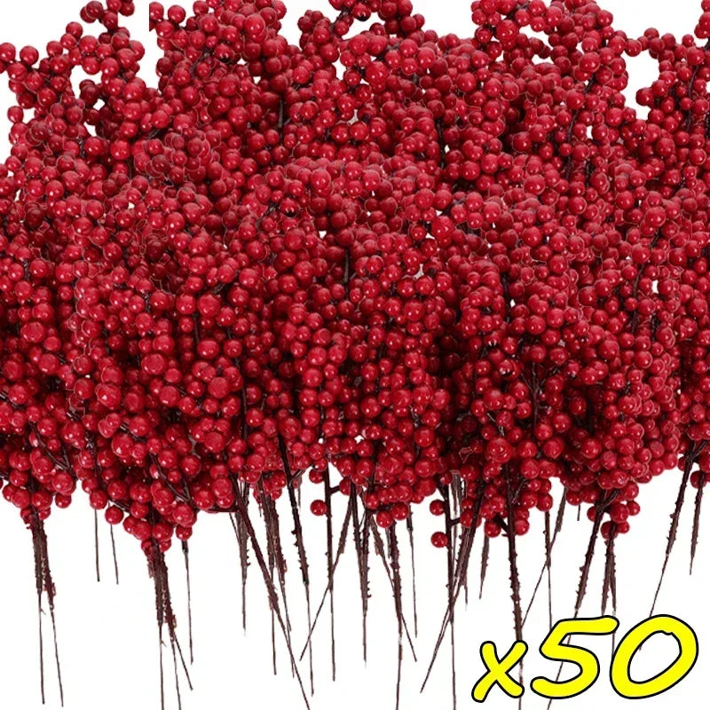 Christmas Red Berries Branch Fake Plants Flowers Artificial Holly Berry Stamen Wreath Ornaments for Xmas Tree Party Home Decor