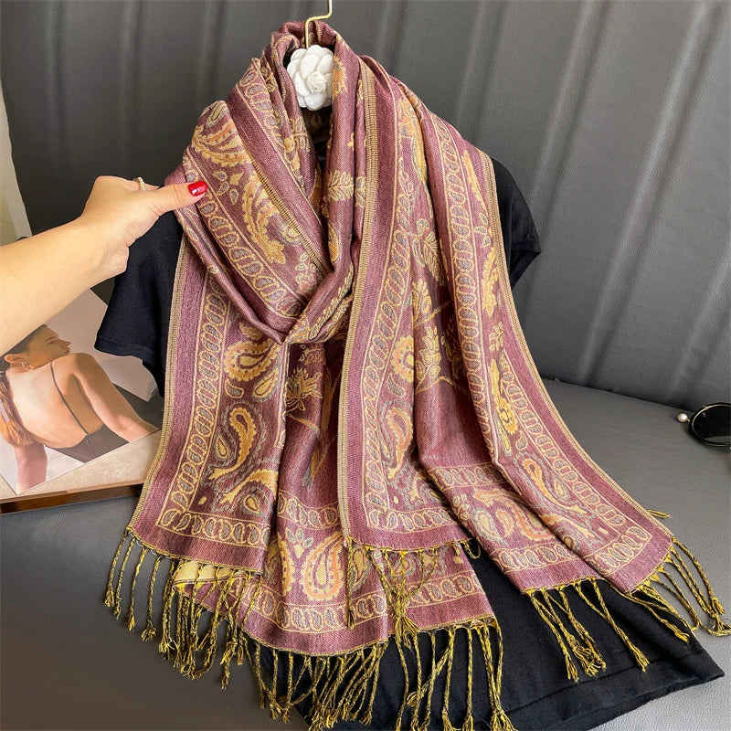 Autumn Stylish Jacquard Tassel Scarf Vintage Mature Paisley Print Shawl Going Out Warm Windproof Blanket Scarf