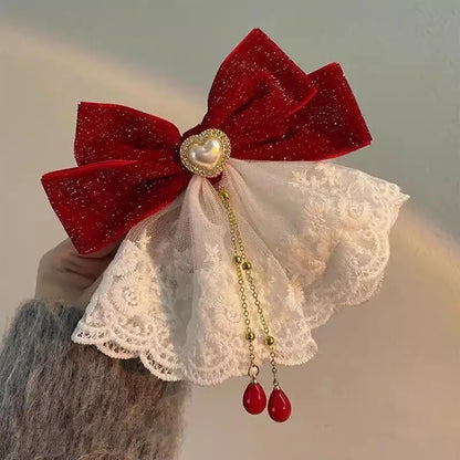 1pc Sweet temperament, lace red bow, one line clip, runaway princess, broken diamond hair clip, back of the head clip headband