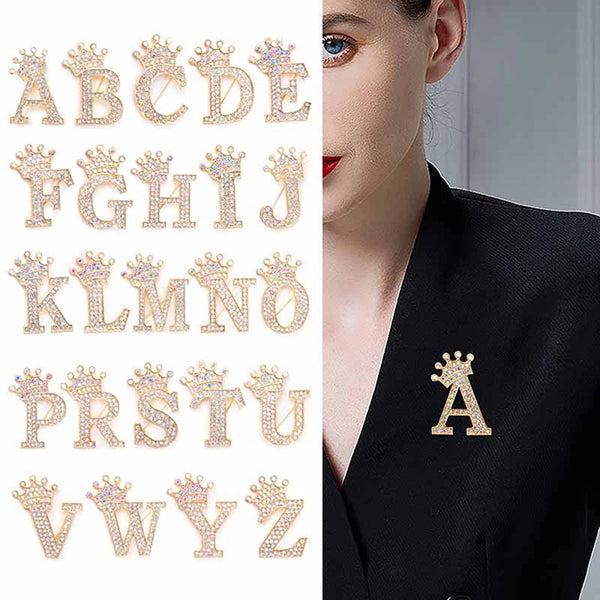 Fashion Crown 26 Initial Letters A To Z Crystal Rhinestone Brooch Pins For Women Wedding Dress Lapel Collar Pin Jewelry Brooches