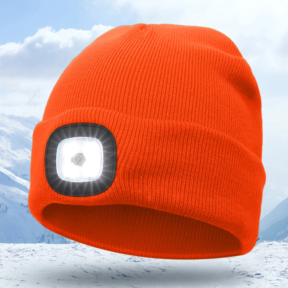 Unisex 4 LED Beanie Hat Hands Free Headlamp Cap for Men and Women Winter Knit Lighted Headlight Hats Portable Headlamp Torch