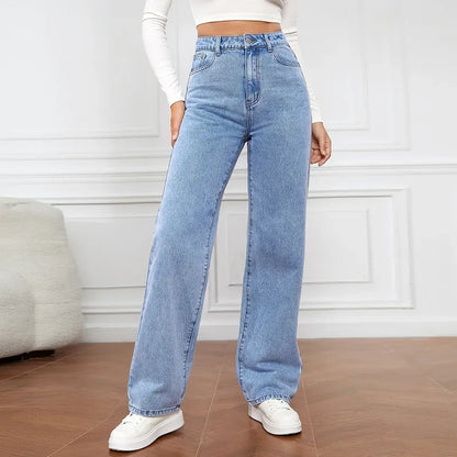 Women Jeans Straight Pants Denim Washing High Waist Loose Fit Pockets Basics Ankle Length Pants Solid Color Slight Strech