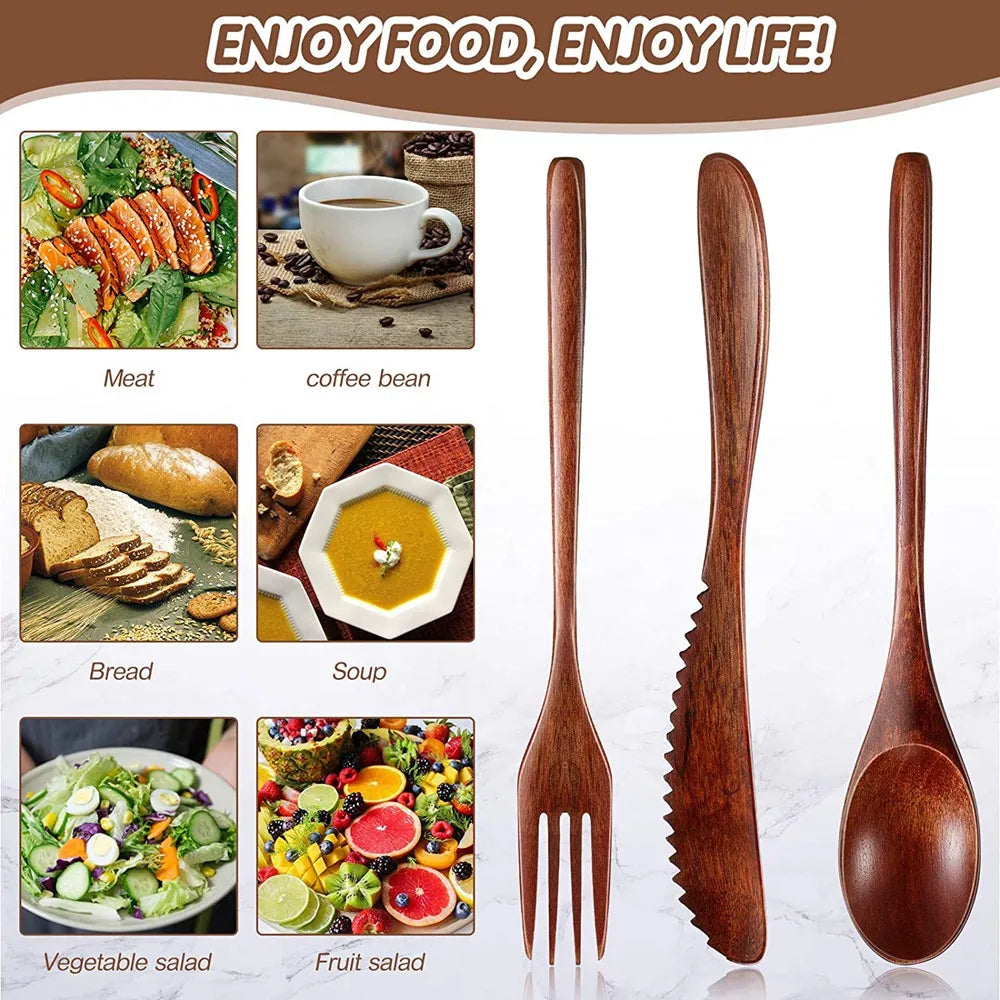 Wooden Spoon Fork Knife Cutlery Set Wooden Dinner Utensil Set Kitchen Wooden Flatware Tableware Cutlery Set (24 Pieces)