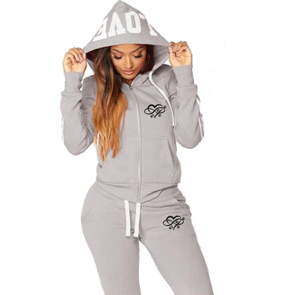 Fashion Heart Print Women Track Suits Sports Wear Jogging Suits Hooded Tracksuit Set Clothes Hoodies+Sweatpants Sweat Suits