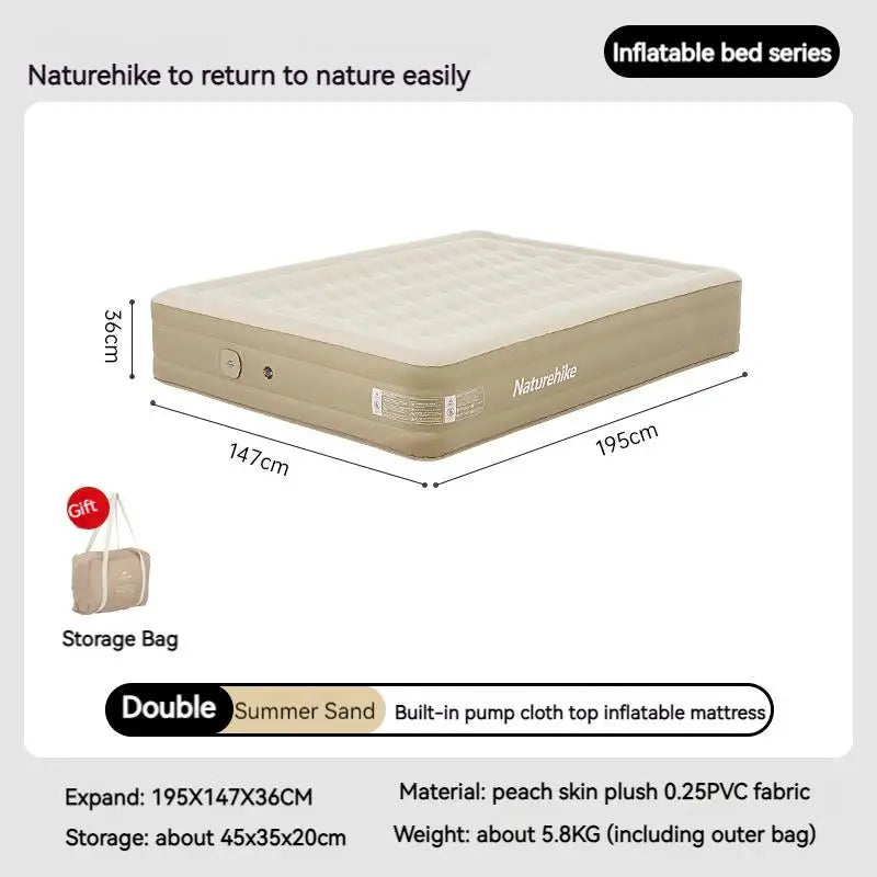 Naturehike 36cm Inflatable Mattress Air Sleeping Pad Camping 1/2/3 Person Bed Folding Travel Thicken Built-in Pump PVC Mat