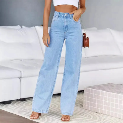 Jeans Women Denim Pant Wide Leg Long Pants Straight Trousers High Waist Elegant Y2k Button Pocket Simple Casual Loose Streetwear