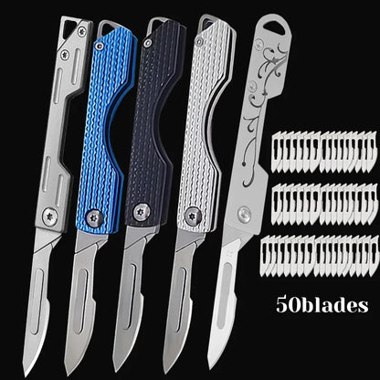 Stainless Steel Folding Knife Keychain Pocket Knife Surgical Mini Knife Replaceable Blades Sharp Multifunctional Knife Tool