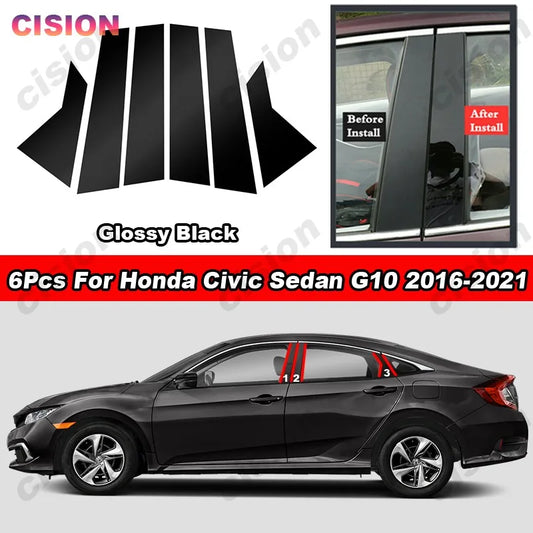 Glossy Piano Black Car Door Window Center Middle Column B C Pillars Post Mirror Effect Cover Trim Sticker For Honda Civic FC G10