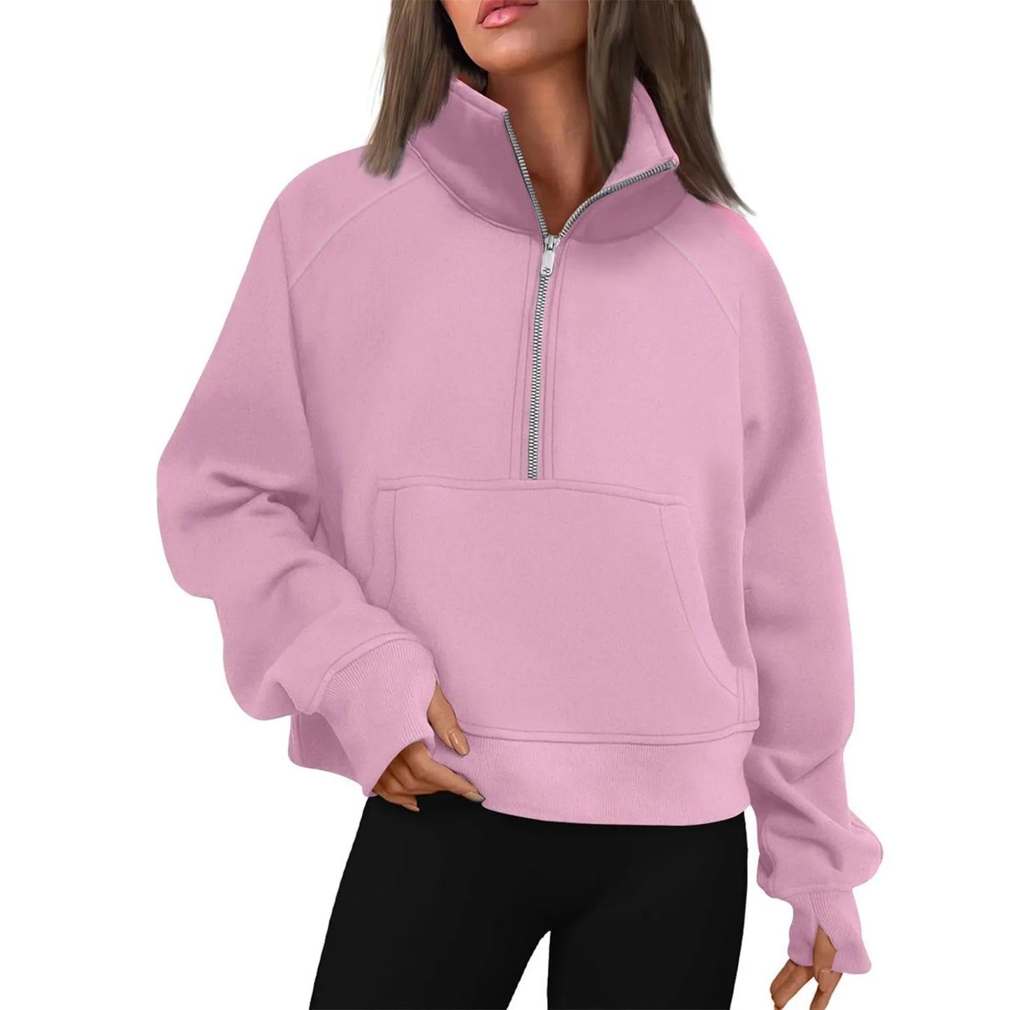 Women's Stand Collar Plus Fleece Solid Color Hoodie  Long Sleeve Pocket Loose Half Zip Pullover Hoodie Top лонгслив женский