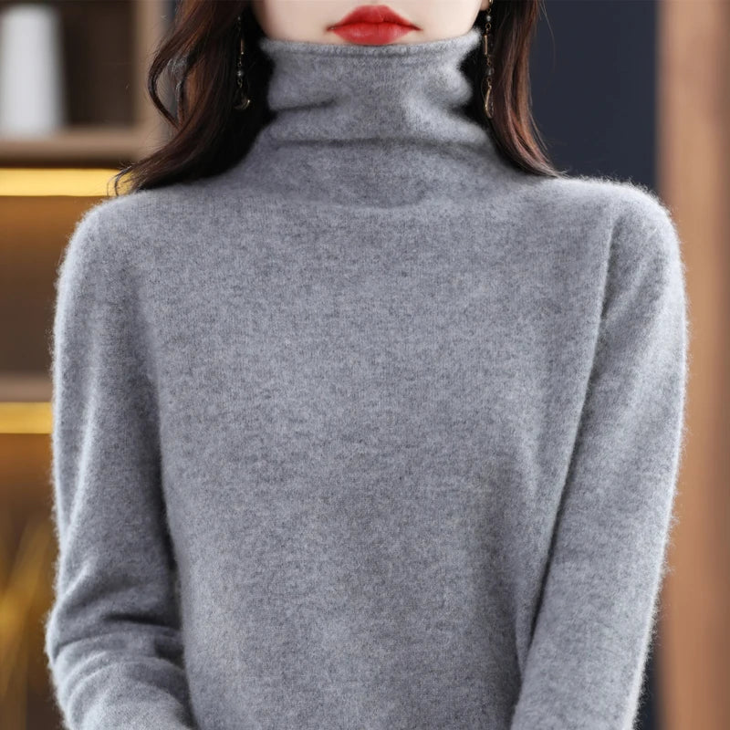 100% Merino Wool Turtleneck Pullover Knitwear Women's New Autumn And Winter Warm Sweater Women's Solid Color Pile Neck Sweater